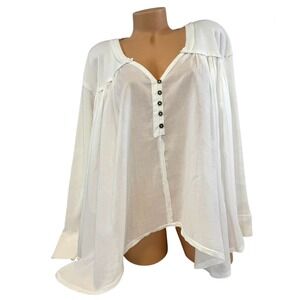 Free People Womens EXTRA SMALL Long Sleeve‎ White Button Up Tunic V neck Top XS